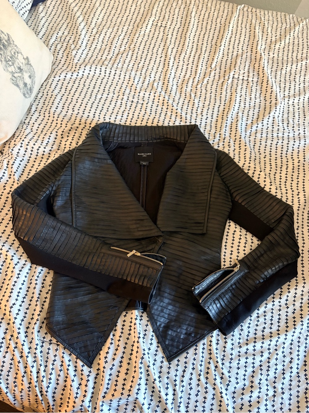 Marciano Black Ribbed Leather Moto Jacket